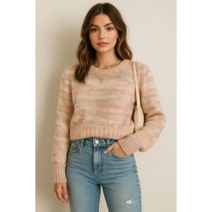 Womens M Fuzzy Knit Sweater Pastel Pink Beige Mohair Blend Pullover Cozycore Y2K